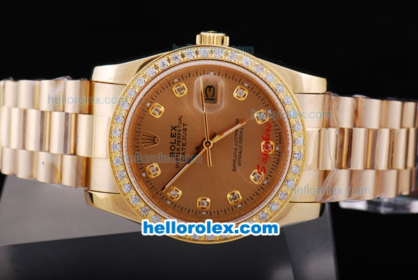 Rolex Datejust Automatic Full Rose Gold with Diamond Bezel-Khaki Dial and Diamond Marking - Click Image to Close